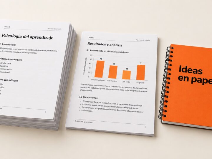 Apuntes impresos, una página con un gráfico en color y un cuaderno de espiral naranja.