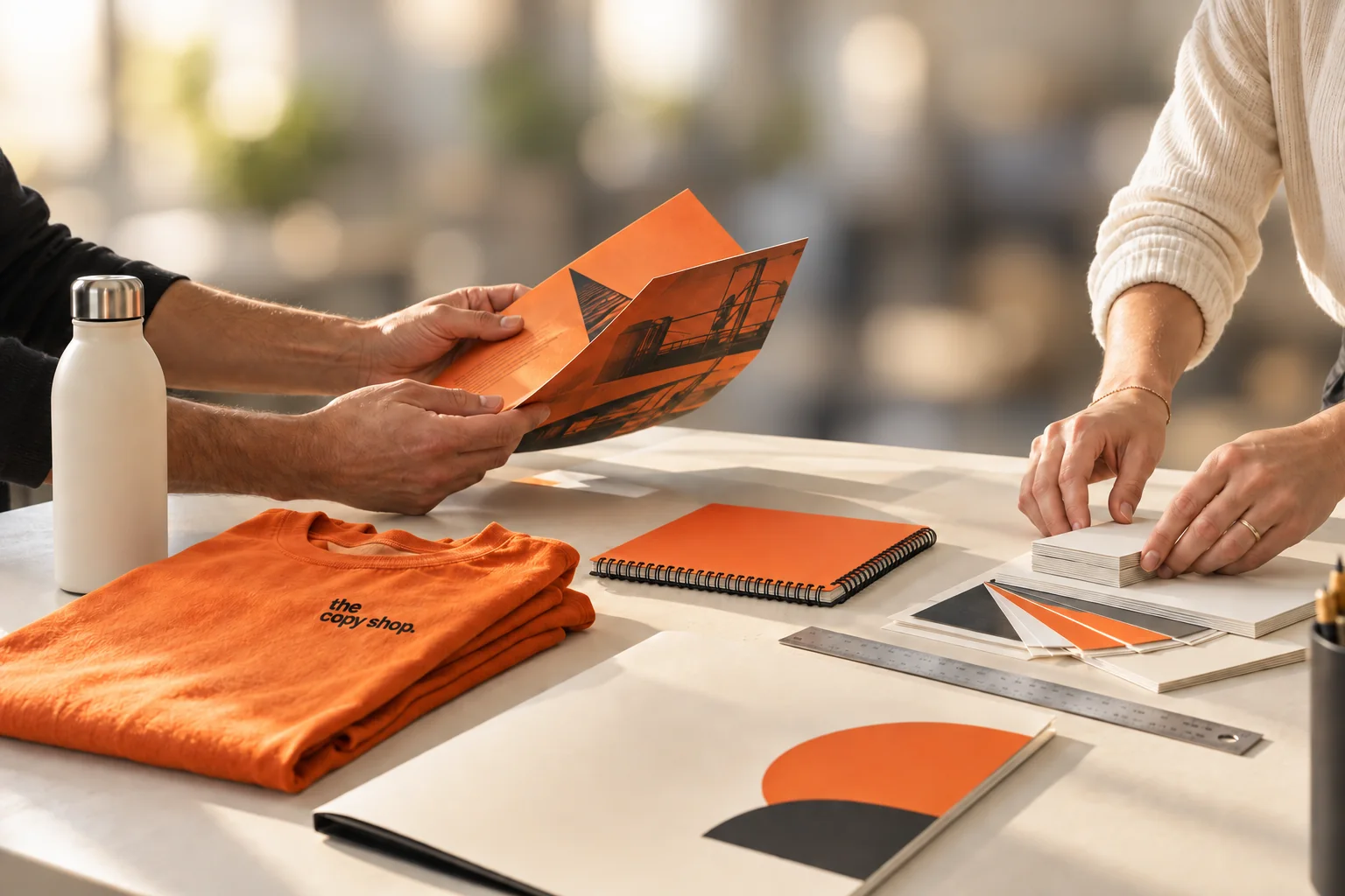 Dos personas revisando un tríptico impreso, una camiseta, un cuaderno y muestras de papel sobre una mesa